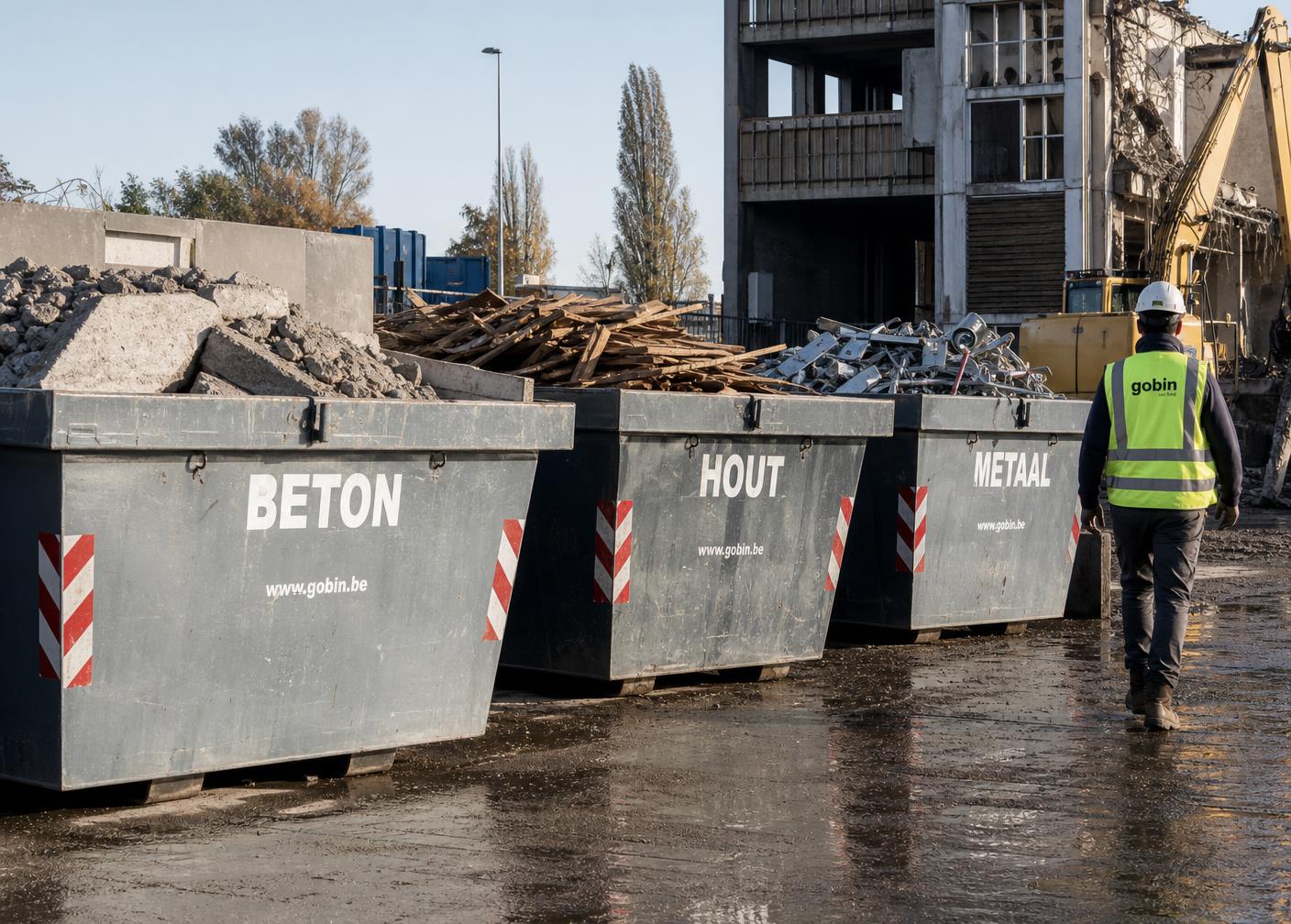 Gele afvalcontainer vol puin op straat in België